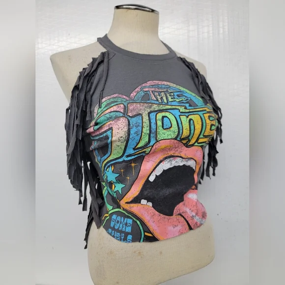 Rolling Stone Fringe Halter Top Upcycled Retro Band Merc - Picture 2 of 7